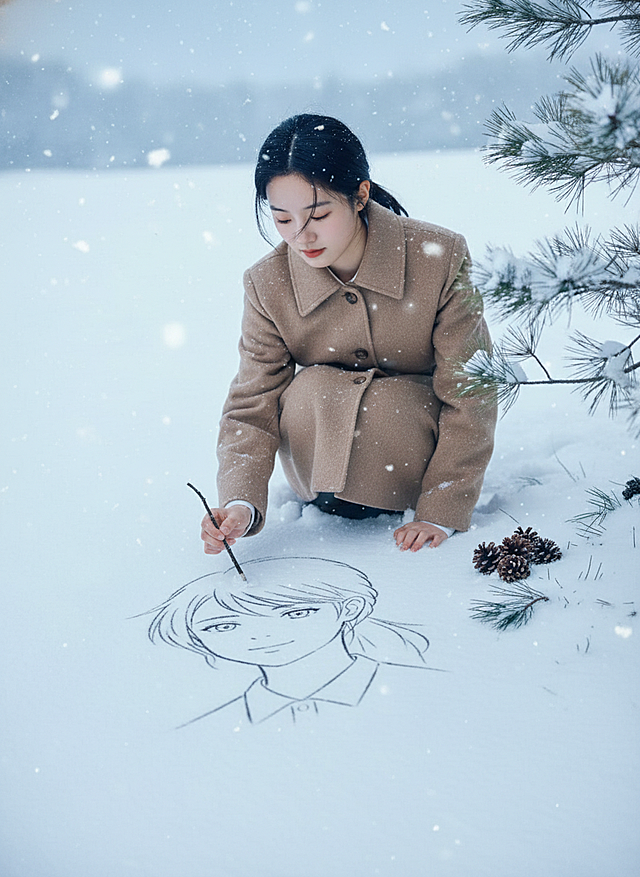 画面主视觉是图示人物蹲在雪地上用树枝画自画像（画像为日漫风，无色彩），并与自画像合影，，穿浅棕毛呢外套。周围落松针、飘雪花，树下堆松果。