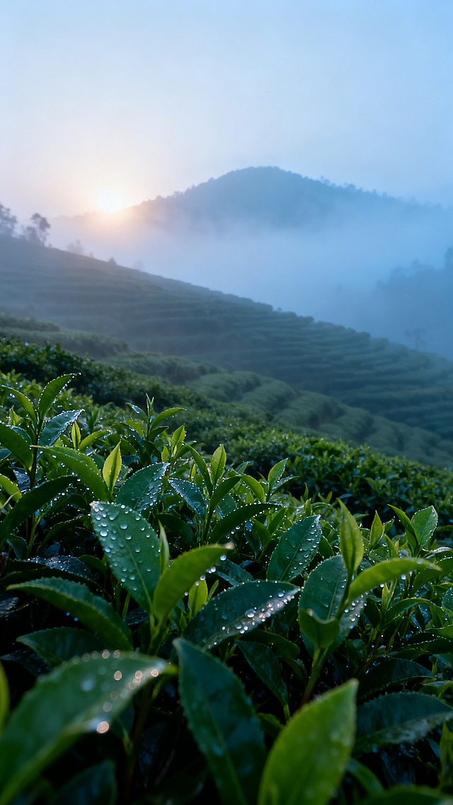 武夷山茶园晨景图，清晨雾气缭绕，绿色茶园层层叠叠，远山朦胧，清新自然