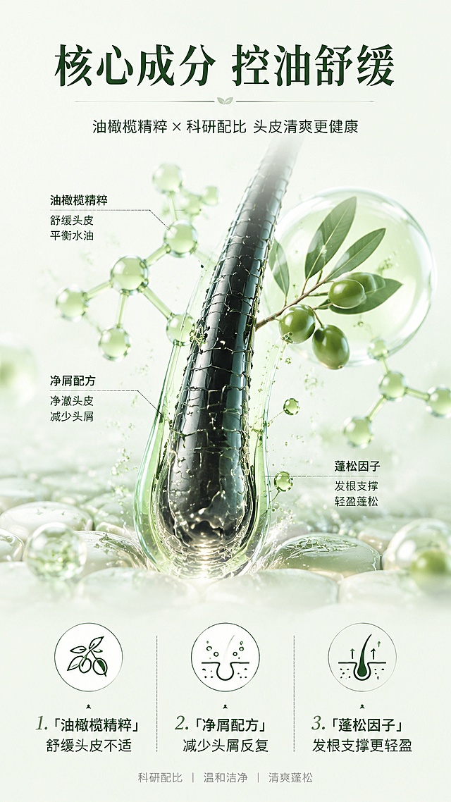 使用商品详情页技能根据商品图「图片1」生成详情页，参考图为，商品名称为儒伊洗发水，卖点为高效祛邪，高效去油、蓬松柔顺，适配平台为淘宝/天猫，图片比例为9:16，需求屏数为8张，