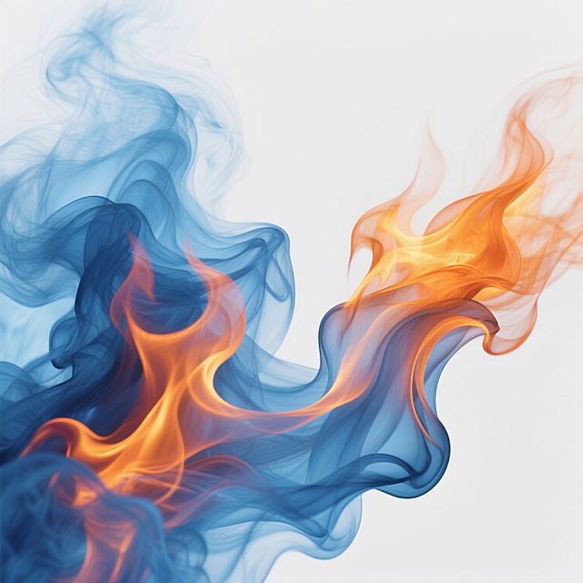 两团火焰元素，蓝色与橙色渐变交融，烟雾缭绕，动感飘逸，透明质感，白色背景，高对比度，精细的烟雾纹理，流动的形态，火焰的动态效果，色彩鲜艳，光影效果，烟雾粒子，艺术化处理，抽象火焰，蓝色火焰与橙色火焰交织，火焰的层次感，烟雾的轻盈感，火焰的燃烧效果，渐变色彩过渡自然，烟雾的扩散效果，火焰的形态优美，烟雾的细节丰富，整体画面简洁而富有动感。