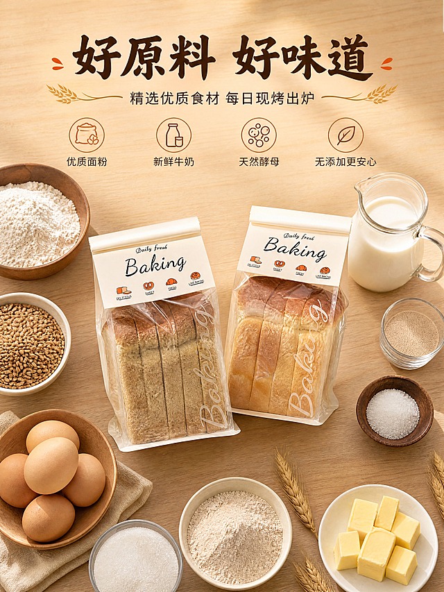 [商品] 使用【图1】全麦吐司和【图3】牛奶云朵吐司；保留两款吐司的包装外观；自然去除玻璃反光，做原料工艺展示。
[画面] 第6张 工艺与原料；目标展示天然原料和烘焙工艺；原料平铺型构图，画面中央放两款吐司包装袋，周围环绕摆放各种原料：高筋面粉、新鲜牛奶、鸡蛋、黄油、全麦粉、酵母、盐、糖；原料用小碗和小碟盛装，整齐排列；主体占画面50%，原料元素占画面40%以上；45度俯视角；背景为浅原木色台面，暖光从上方照射，营造天然健康的原料氛围。
[视觉] 套系策略：风格=温暖治愈烘焙风 高品质商业美食摄影；标题字=粗黑体带轻微手写感；正文字=简洁黑体；主色=暖棕金；背景延展=基于暖棕金做深浅层级、木质纹理和暖调渐变；强调色=暖橙色，仅用于小面积图标、引线和标签；标题色=深棕色；正文色=暖灰色；组件=圆角浅底信息卡、细线引线、麦穗图标；光影=顶部暖柔光 均匀明亮 柔和阴影。
[文字] 画面上方主标题"好原料 好味道"，副标题"精选优质食材 每日现烤出炉"，下方四个小图标加文字："优质面粉""新鲜牛奶""天然酵母""无添加更安心"；文字放在画面上方和原料间隙，不遮挡主要原料和面包。
[规格] 图片比例3:4竖版，4K，避免变形、错字、文字过小、冷蓝/冷灰背景、原料不真实。