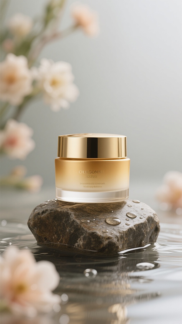 奢华金属风设计，优雅清新感十足，3D轻拟物手法展现高端护肤品的精致与纯净。