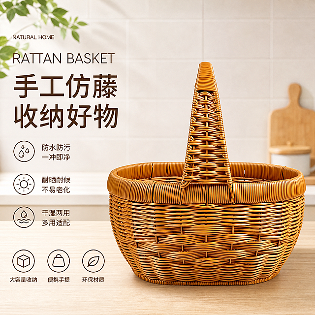 [单张主图] 仿藤编手提收纳篮，走高级氛围感主图路线，突出产品实用质感与家居适配性。
[画面主体] 保持这款仿藤编收纳篮的外观、物理结构、材质质感、颜色与输入产品图绝对一致，杜绝任何变形和色差，精细化处理编织纹理。产品居中放置，占画面约55%，完整展示正面全貌与手提柄结构。
[构图版式] 使用左文右物场景型版式，左侧保留大面积留白，右侧放大产品主体。
[场景元素] 产品放置在浅原木色厨房台面上，台面干净平整，左上角点缀一小片新鲜绿植叶片，背景为柔和的米白色哑光砖墙，浅景深虚化背景，整体简洁干净，突出产品本身。底部排列3个线稿图标卖点，每个图标搭配短文案。
[文案版式] 左上留白处：品牌位放小号文字，英文品类词"RATTAN BASKET"，中文主标题"手工仿藤 收纳好物"，分行左对齐；向下排列三个卖点：图标+文案依次为「💧 防水防污 一冲即净」「☀️ 耐晒耐候 不易老化」「♻️ 干湿两用 多用适配」，每个卖点单独成行， icon+文案左对齐。
[光影质感] 柔和自然左前方窗光作为主光，右侧浅灰色墙面反光为辅光，产品底部有自然柔和的投影，藤编纹理处有清晰高光，质感真实通透，景深较浅，背景虚化，突出产品主体。画面为商业摄影质感，光线柔和通透，产品清晰真实，画面干净高级。
[配色字体] 主色为产品本身的原木暖棕色，辅助色为浅木色和米白色，强调色为深棕色文字。字体使用轻无衬线，字重克制，主标题最大，卖点文字缩小，字重一致，保持留白透气感。
[比例分辨率] 1:1比例，2k分辨率，文字清晰锐利可辨，画面超高清。
[负向提示词] 变形，水印，文字错乱，产品图模糊，背景杂乱，主体遮挡，错字，伪Logo，畸形结构，色差