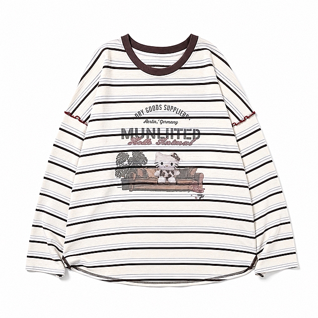 参考图中的棕白条纹Hello Kitty印花长袖T恤，保持服装款式、颜色、面料、印花图案完全一致，服装平铺摊开展示，俯视平铺俯拍角度，专业电商服装白底图，纯白色#FFFFFF纯色背景，无影棚柔和灯光，面料肌理清晰，版型细节完整，无褶皱错乱，画面居中构图，高清商业实拍质感，细节锐利，干净通透，淘宝天猫商品主图，1:1正方形，无水印，无文字，无多余物体，轻微柔和底部投影，服装褶皱自然合理，不要怪异扭曲褶皱