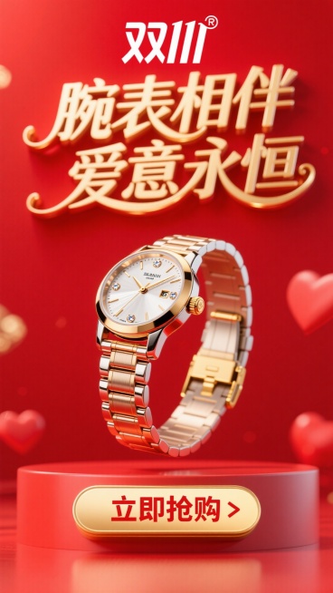 商业摄影风格，比例 16:9。以鲜艳的红色为背景，营造热烈氛围。画面正中央是巨大且优雅的主标题 “腕表相伴 爱意永恒”，采用金色立体艺术字体，笔画粗细变化富有韵律，表面有细腻的光泽质感，像是被柔和灯光预览效果