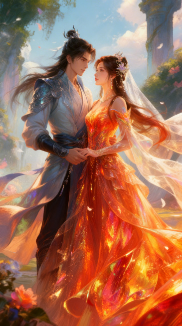 保留图中石昊的相貌特征，将女性替换为火灵儿的样貌，整体为二人的婚纱照，氛围浪漫热烈，保持高清数码厚涂风格预览效果