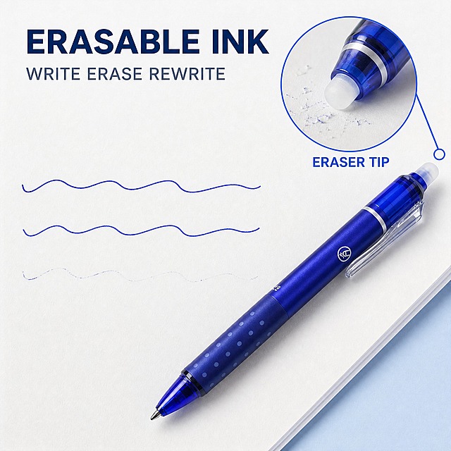 [主图-2｜核心卖点证明·可擦除] 本张产品为「12 Pack Erasable Gel Pens 0.5mm Retractable Blue Ink Smooth Writing Pens for School Office Home」（该名称仅作内部标识，不得渲染为画面文字）。唯一任务：用同一张纸上的擦除前后真实对比，证明可擦除凝胶墨水这一核心购买理由。

[统一基调] 干净克制的北美 Amazon listing 信息图风格，商业摄影与扁平信息图结合；背景主色纯白到极浅冷蓝（#FFFFFF—#F2F6FC）；标题字色深海军蓝 #0B2A5B，辅助字色石板灰 #5A6478，强调色为笔身同款宝蓝 #1E4CD7；只使用一种几何无衬线字体（Inter/Helvetica 类），仅通过字号层级区分，辅助小字比标题小 50% 以上；卡片与放大窗统一为白色圆角边框 + 1px 浅蓝描边 + 极轻投影，引线与图标统一宝蓝；所有可见文字为英文、横排、无逗号、无中文、无促销价格。

[画面] 左右分区构图：左半为真实白纸书写区，纸上保留两段饱和度正常的蓝色凝胶墨水波浪线，紧邻一段已被擦除的线条位置只留极浅淡痕、纸面平整无破损无起毛，形成同一张纸上的 before/after 对比；右半为一支按动式蓝色可擦凝胶笔斜放于纸面，笔尖朝左下、顶部白色橡皮头朝右上，在白色橡皮头处设一枚圆形局部放大窗，用细宝蓝引线连接笔端，放大窗内为真实微距，清晰呈现橡皮头结构与纸面擦除痕迹，窗内下方标注英文名称 "ERASER TIP"。产品外观、宝蓝半透明笔杆、点状防滑纹、银色笔夹与输入图完全一致。

[光影质感] 柔和顶部漫射光配右侧补光，笔杆有圆柱形长条高光，笔与纸面之间有真实接触阴影，纸面呈现轻微纸纤维质感与自然起伏。

[配色] 白纸、极浅冷蓝桌面、宝蓝产品与墨线；标题深海军蓝，副标石板灰，引线与放大窗描边用宝蓝强调色。

[文字版式] 左上留白处英文大标题 "ERASABLE INK"（深海军蓝、粗体、最大字号），其下小一号副标 "WRITE ERASE REWRITE"，放大窗内小字标注 "ERASER TIP"；全部横排、无逗号、无中文、无促销词、无价格。

[输出要求] 1:1 正方形 2048×2048，文字清晰且不遮挡产品，擦除对比真实可辨。负向：不得出现水印、平台 logo、中文、错字、乱码、多余道具、手指、夸张宣传词、绝对化用语、多处拍照痕迹。
