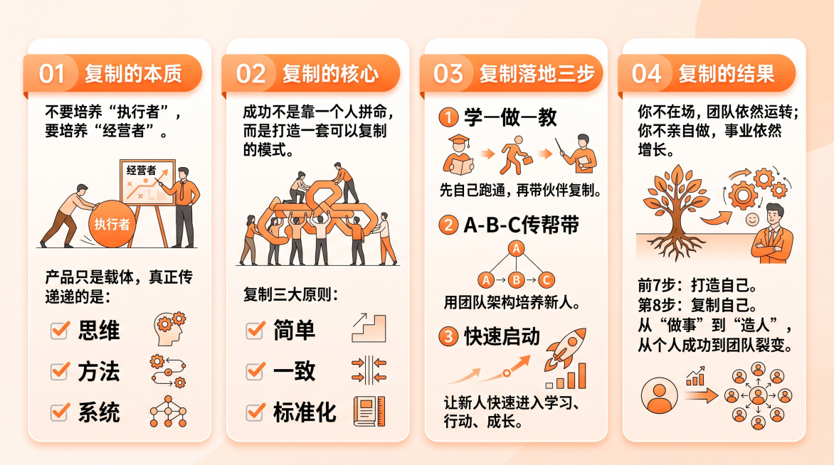 生成一张橙白色系横版16:9的知识图文图片，排版清晰干净，包含以下所有文字内容：01 复制的本质
不要培养“执行者”，要培养“经营者”。
产品只是载体，真正传递的是：✔ 思维 ✔ 方法 ✔ 系统
02预览效果