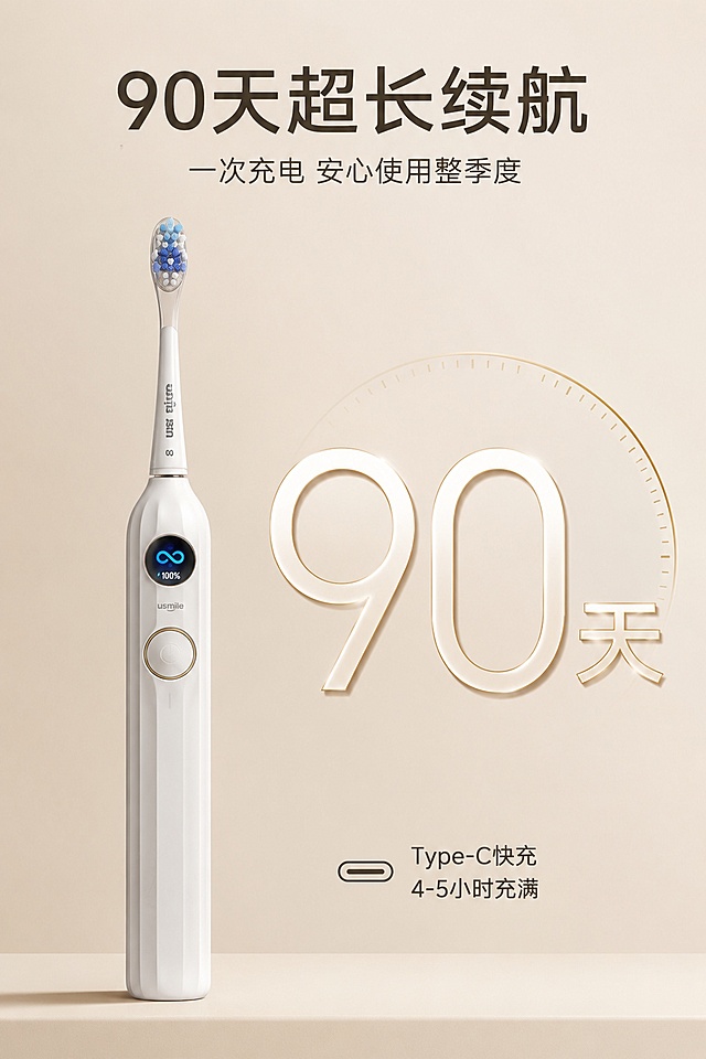 ### 第1屏：品牌主视觉KV屏
严格还原上传的产品图，包括机身哑光白色竖棱设计、圆形彩屏、金边圆形按键、刷头造型、品牌标识等所有细节，产品尺寸比例保持1:1，带刷头整机重量约130g；2:3竖版电商详情图，视觉采用简约轻奢-极简留白风+哑光质感风，字体采用简约高级-无衬线极简文字，搭配大小层级排版、疏密对比排版；主标题为「AI智能声波电动牙刷」，副标题为「科学洁齿 重塑口腔护理体验」，画面居中放置产品正面直立特写，背景为低饱和米灰色哑光极简背景，搭配柔和侧光突出机身哑光棱面质感，主标题置于画面顶部居中，副标题位于主标题下方，产品居于画面视觉中心，底部大面积留白，整体干净高级，无多余装饰元素，光线柔和通透，突出产品高端轻奢质感。

### 第2屏：用户痛点引入屏
严格还原上传的产品图，包括机身哑光白色竖棱设计、圆形彩屏、金边圆形按键、刷头造型、品牌标识等所有细节，产品尺寸比例保持1:1，带刷头整机重量约130g；2:3竖版电商详情图，视觉采用简约轻奢-极简留白风+哑光质感风，字体采用简约高级-无衬线极简文字，搭配大小层级排版、疏密对比排版；主标题为「传统刷牙的隐形困扰」，副标题为「错误清洁方式 反而损伤口腔」，画面左侧分三行左对齐排列痛点文字（刷牙盲区多、力度把控差、清洁效率低），搭配极简线性图标，右侧放置产品45°斜角展示，背景为同色系浅灰哑光背景，用细金色线条做痛点区隔，主标题居画面顶部左侧，产品居于右侧视觉重心，整体克制简约，自然引出产品解决方案。

### 第3屏：AI智能刷牙分析卖点屏
严格还原上传的产品图，包括机身哑光白色竖棱设计、圆形彩屏、金边圆形按键、刷头造型、品牌标识等所有细节，产品尺寸比例保持1:1，带刷头整机重量约130g；2:3竖版电商详情图，视觉采用简约轻奢-极简留白风+哑光质感风，字体采用简约高级-无衬线极简文字，搭配大小层级排版、疏密对比排版；主标题为「AI四维刷牙分析」，副标题为「精准识别 纠正不良刷牙习惯」，画面左侧为产品正面彩屏特写，屏幕清晰显示AI检测界面，右侧分点标注四维检测维度（刷牙力度、覆盖面积、刷牙时长、横刷速度），搭配极简线性图标，背景为浅哑光白背景，主标题居画面顶部，左右分栏布局，卖点文字右对齐排版，用细金色线条点缀，强化科技轻奢感，可视化呈现AI检测核心功能。

### 第4屏：骨传导实时语音反馈卖点屏
严格还原上传的产品图，包括机身哑光白色竖棱设计、圆形彩屏、金边圆形按键、刷头造型、品牌标识等所有细节，产品尺寸比例保持1:1，带刷头整机重量约130g；2:3竖版电商详情图，视觉采用简约轻奢-极简留白风+哑光质感风，字体采用简约高级-无衬线极简文字，搭配大小层级排版、疏密对比排版；主标题为「骨传导实时语音提醒」，副标题为「边刷边纠正 养成科学刷牙习惯」，画面主体为产品侧立角度展示，周围用极简淡蓝色声波线条可视化呈现语音反馈效果，主标题居画面上方居中，下方分两行标注核心优势（漏刷提醒、过压预警、横刷纠正），居中对称排版，背景为低饱和冷灰哑光背景，光线柔和均匀，突出骨传导科技属性，整体简洁有呼吸感。

### 第5屏：90天超长续航卖点屏
严格还原上传的产品图，包括机身哑光白色竖棱设计、圆形彩屏、金边圆形按键、刷头造型、品牌标识等所有细节，产品尺寸比例保持1:1，带刷头整机重量约130g；2:3竖版电商详情图，视觉采用简约轻奢-极简留白风+哑光质感风，字体采用简约高级-无衬线极简文字，搭配大小层级排版、疏密对比排版；主标题为「90天超长续航」，副标题为「一次充电 安心使用整季度」，画面左侧放置产品直立展示，右侧放大呈现「90天」核心数字，下方小字标注「Type-C快充 4-5小时充满」，主标题居画面顶部，上下层级排版，背景为浅米色哑光背景，数字搭配细金色描边强化视觉冲击，突出续航核心优势，整体简约大气。

### 第6屏：IPX8级全身防水卖点屏
严格还原上传的产品图，包括机身哑光白色竖棱设计、圆形彩屏、金边圆形按键、刷头造型、品牌标识等所有细节，产品尺寸比例保持1:1，带刷头整机重量约130g；2:3竖版电商详情图，视觉采用简约轻奢-极简留白风+哑光质感风，字体采用简约高级-无衬线极简文字，搭配大小层级排版、疏密对比排版；主标题为「IPX8级全身防水」，副标题为「整机可水洗 卫浴使用更安心」，画面主体为产品置于流动的透明清水中的特写，水花柔和不杂乱，直观突出防水属性，主标题居画面顶部居中，副标题位于主标题下方，产品居于画面中心偏下位置，居中排版，背景为通透浅蓝哑光渐变背景，光线干净清透，可视化呈现防水性能，质感高级统一。

### 第7屏：多模式定制清洁卖点屏
严格还原上传的产品图，包括机身哑光白色竖棱设计、圆形彩屏、金边圆形按键、刷头造型、品牌标识等所有细节，产品尺寸比例保持1:1，带刷头整机重量约130g；2:3竖版电商详情图，视觉采用简约轻奢-极简留白风+哑光质感风，字体采用简约高级-无衬线极简文字，搭配大小层级排版、疏密对比排版；主标题为「4种定制清洁模式」，副标题为「适配不同口腔清洁需求」，画面上半部分横向排列4个极简模式图标（智能/清洁/亮白/呵护），下方对应模式名称，产品斜置于画面下半部分视觉中心，主标题居画面顶部，居中对称排版，背景为浅灰哑光背景，用细线条区隔不同模式，搭配淡金色点缀，清晰呈现多模式功能，整体规整高级。

### 第8屏：产品细节工艺屏
严格还原上传的产品图，包括机身哑光白色竖棱设计、圆形彩屏、金边圆形按键、刷头造型、品牌标识等所有细节，产品尺寸比例保持1:1，带刷头整机重量约130g；2:3竖版电商详情图，视觉采用简约轻奢-极简留白风+哑光质感风，字体采用简约高级-无衬线极简文字，搭配大小层级排版、疏密对比排版；主标题为「细节打磨 质感拉满」，副标题为「匠心工艺 兼顾颜值与手感」，画面分三个细节区块横向排布：顶部圆形彩屏特写、中部金边按键特写、底部杜邦软毛刷头特写，多角度展示产品细节，主标题居画面顶部，三细节均匀排布，下方配对应小字说明，背景为哑光米白色，侧光突出机身哑光棱面纹理与部件质感，强化轻奢高级感。

### 第9屏：居家使用场景屏
严格还原上传的产品图，包括机身哑光白色竖棱设计、圆形彩屏、金边圆形按键、刷头造型、品牌标识等所有细节，产品尺寸比例保持1:1，带刷头整机重量约130g；2:3竖版电商详情图，视觉采用简约轻奢-极简留白风+哑光质感风，字体采用简约高级-无衬线极简文字，搭配大小层级排版、疏密对比排版；主标题为「日常洁齿 从容相伴」，副标题为「适配都市居家卫浴场景」，画面为现代极简风卫浴场景，产品置于浅灰色大理石洗漱台面上，搭配极简漱口杯、香薰等软装，柔和自然光从侧面打入，背景虚化突出产品，主标题居画面左上角，副标题在主标题下方，左对齐排版，营造自然高级的居家使用氛围。「图片1」