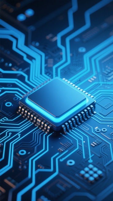 电路板主题数字艺术，深蓝色渐变背景上布满精密的蓝色电路纹路，中央为发光的方形芯片，芯片边缘有引脚与周围电路相连，整体呈现科技感与未来感，光线柔和，电路线条流畅，细节丰富，保持电子科技风格的同时变换电路的布局样式和芯片的细节设计，营造出深邃而充满科技魅力的视觉效果。预览效果