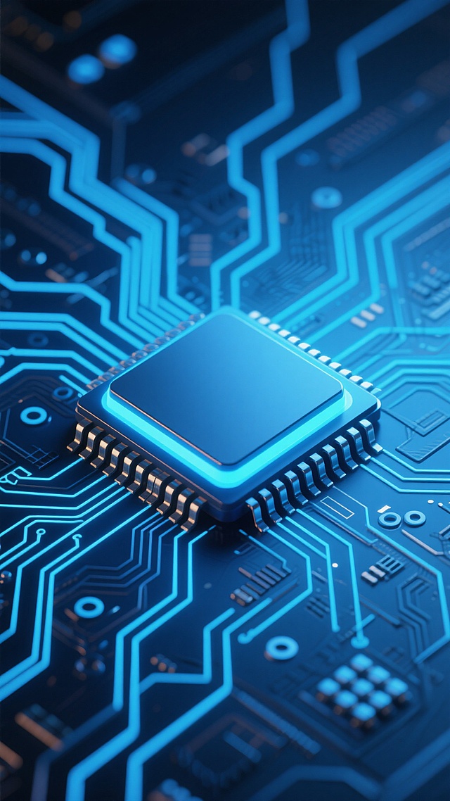 电路板主题数字艺术，深蓝色渐变背景上布满精密的蓝色电路纹路，中央为发光的方形芯片，芯片边缘有引脚与周围电路相连，整体呈现科技感与未来感，光线柔和，电路线条流畅，细节丰富，保持电子科技风格的同时变换电路的布局样式和芯片的细节设计，营造出深邃而充满科技魅力的视觉效果。
