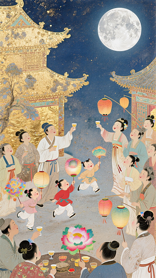 极致的俯视视角超强纵深透视，月下人们欢聚一堂，举杯共饮，孩子们手持花灯，一起愉快玩耍，满月，超强透视