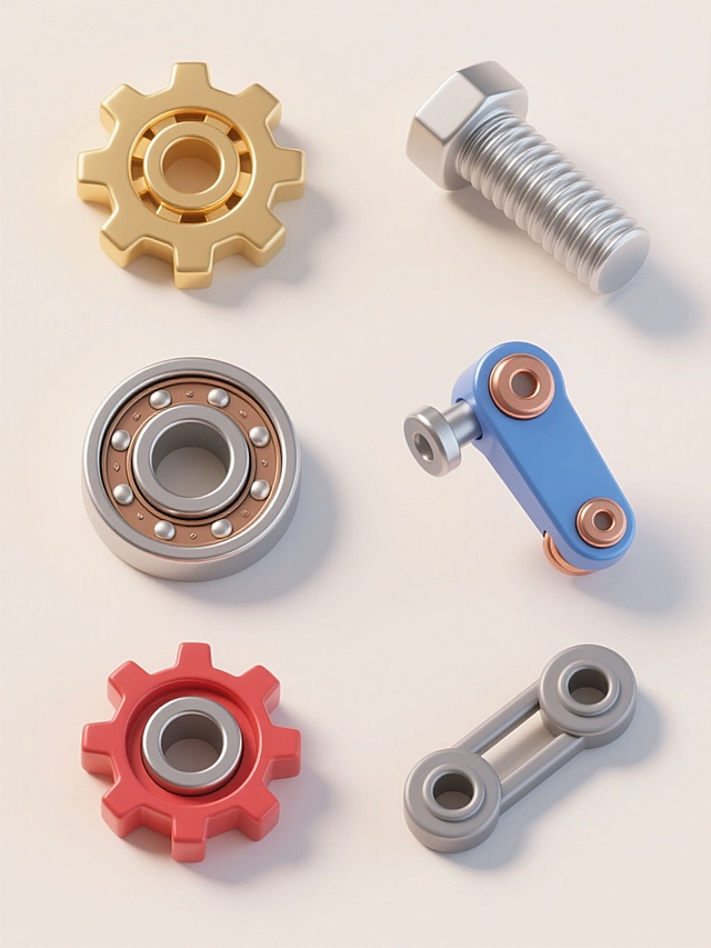 6个不同配色的金属机械元素，包括金色齿轮、银色螺栓、铜色轴承、蓝色机械臂、红色齿轮组和灰色链条，采用不同样式设计，整体为扁平化3D风格，具有金属光泽和轻微渐变效果，放置于浅色背景上，呈上下两行三列对齐排列，每个元素独立清晰，线条简洁流畅，保持统一的视觉风格和大小比例，无文字及二维码等非机械元素。