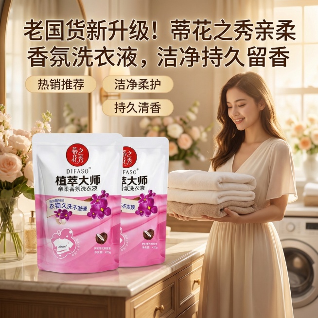 我是网店卖家，产品是我是网店卖家，产品是老品牌国货,蒂花之秀驰名商品袋装洗衣液，洗衣洁净，香味持久，根据你的经验帮我生成一个电商主图，提升一些洗衣液主体质感，切记不要出现网络违禁词,略微提升质感包装袋预览效果