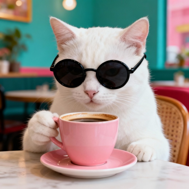 帮我生成20个甜美写实风格的萌宠照片，包含戴着黄色小鸭帽的橘猫、架着黑框眼镜的白猫、扮作蒙娜丽莎的猫咪、喝咖啡戴墨镜的白猫，以及吐舌头的柴犬、吹泡泡的橘猫、头顶肉骨头的小狗等多样角色，背景涵盖室内与蓝预览效果