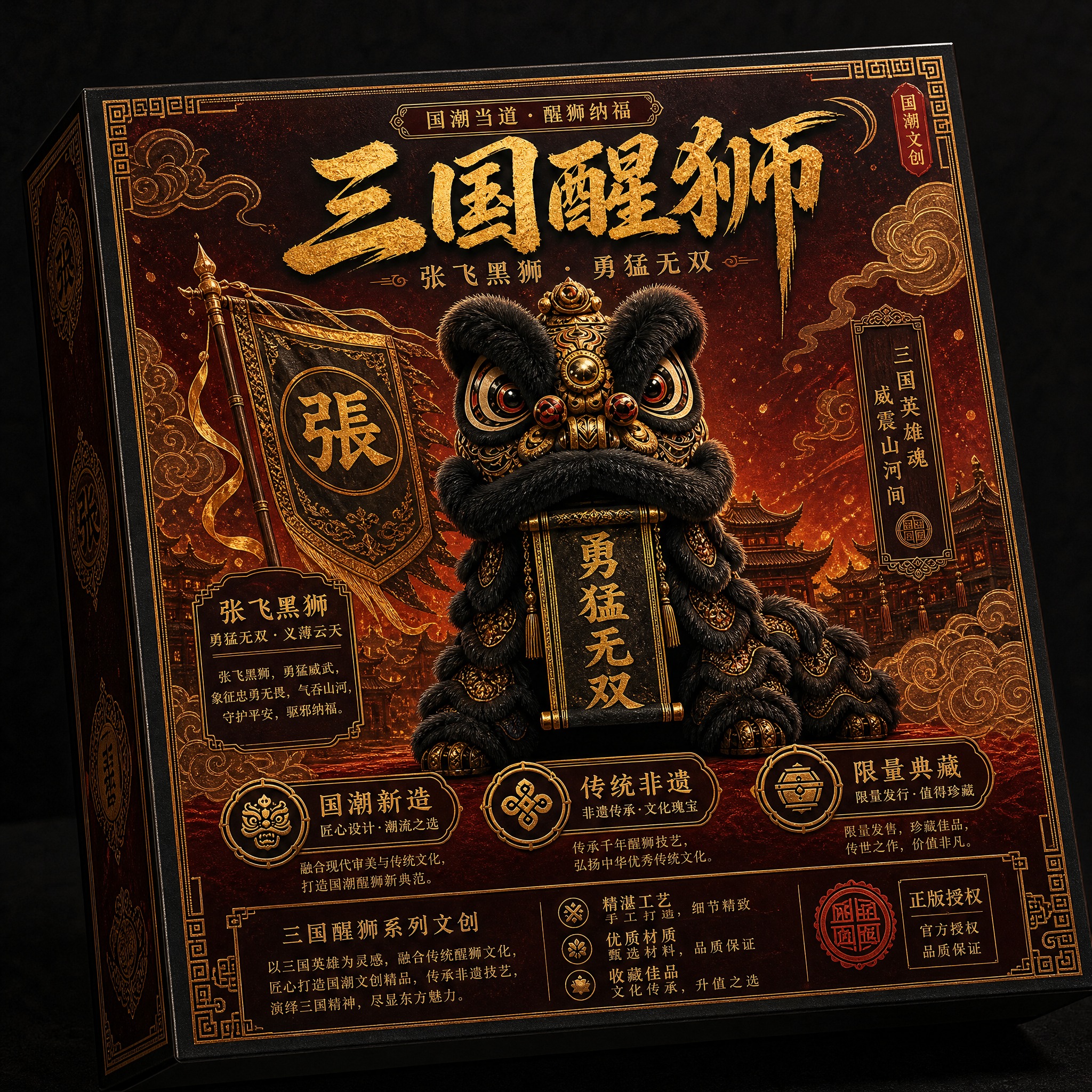 国潮文创礼盒包装正面效果图，张飞黑狮款。方形硬盒包装，正面中央… - 图片创意预览