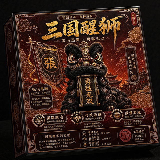 国潮文创礼盒包装正面效果图，张飞黑狮款。方形硬盒包装，正面中央是一只威武的张飞黑狮，黑色狮身#1A1A1A，传统南狮造型，狮头高昂，眼神凶猛，绒毛和纹饰细节精致，口中衔着黑色卷轴上书"勇猛无双"。礼盒底色为深黑红色渐变，四周有金色祥云纹和回纹边框装饰。礼盒上方是书法字体大标题"三国醒狮"，下方是"张飞黑狮 · 勇猛无双"字样。礼盒左侧有"張"字战旗元素做点缀。整体配色为黑色+金黄色+朱砂红，国潮传统风，庄重大气有力量感。画面呈现礼盒正面45度微俯视角，有轻微投影和立体感，材质为哑光纸礼盒质感，版式精美，品牌感强。画面中所有信息区域必须填充完整合理的内容，不得出现空白框或待填写区域。