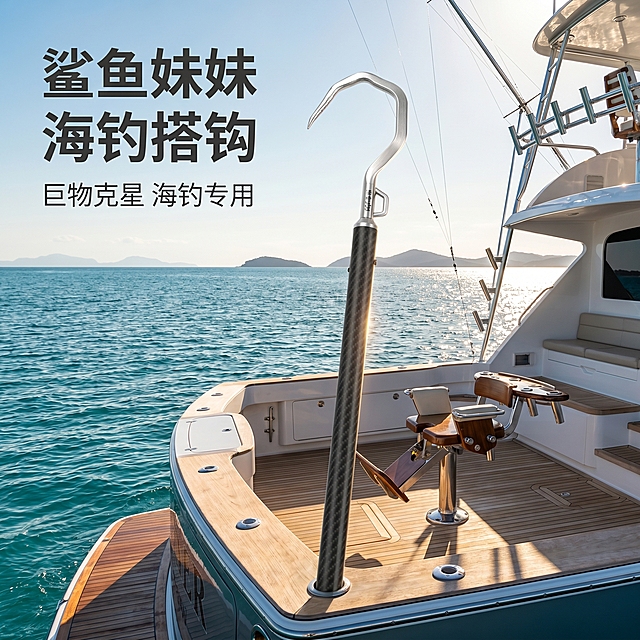 [主图 1] 鲨鱼妹妹海钓搭钓钩产品首图，更换背景为高端海钓游轮
[氛围风格] 专业户外垂钓产品摄影，蓝绿色调海洋氛围
[画质] 商业摄影质感，光线均匀通透，产品清晰真实，画面干净高级
[元素] 将鲨鱼妹妹海钓搭钩放置在画面中心，背景为高端海钓游轮甲板海景场景，产品保持与参考图完全一致的外观结构、材质质感和颜色，杜绝任何变形和色差，精细化处理金属和碳纤维纹理；画面为1:1满版无边框构图，产品主体占比约70%
[光影] 侧光逆光布光，突出金属和碳纤维材质的纹理质感，主光清晰勾勒产品轮廓，环境光融入海洋氛围，高光不溢出，暗部层次分明，整体亮度均匀
[配色] 主色调蓝绿色海洋色系，点缀金属银色和碳纤维黑色，和产品本身颜色和谐统一，游轮金属灰色搭配自然
[视角构图] 平视视角，景深适中，产品完整不裁切，视觉中心突出
[文字版式] 左上安全边距左对齐，主标题"鲨鱼妹妹 海钓搭钩"，大号粗体深灰色无衬线字体，副标题"巨物克星 海钓专用"，约一半大小浅灰色字体，文字不遮挡产品主体
[比例分辨率] 1:1比例，2k分辨率，文字清晰可辨，超高清
[负向提示词] 变形，水印，文字错乱，产品图模糊，背景杂乱，文字遮挡主体，小木船