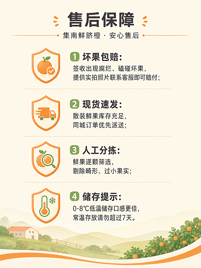 「图片1」电商生鲜脐橙商品详情长图，画布宽度固定1440像素，高度自定义长版式，田园柔和风格，底色选用浅米杏色+淡原木渐变台面，拒绝纯白色背景；整体只生成文字排版布局、色块分区、图文框架，预留图片插入空位，不生成任何水果实景图片；页面分层清晰、留白舒适，完整包含8大板块：焦点首屏文案海报区、商品参数图文区、果肉细节图文区、核心卖点卡片区、多场景展示图文区、促销价格活动区、支付配送说明区、售后保障板块；文案合规无极限夸大宣传。完整产品参数：商品名脐橙，品牌集南鲜，净含量5kg，套餐3人份，售价39.9元，常温保质期7天，产地中国大陆，非有机食品，散装单品售卖；生鲜储存适宜温度0-8℃，同城24小时物流送货上门。文案内需写明适用人群、对应人群食用价值与优势，配色只用暖橙、浅绿、米杏柔和色块，字体清晰，无花哨装饰。硬性限制： 
1440px宽首屏海报文字排版版式，底色浅米杏渐变原木纹理，中间预留大图占位框；分层文字排版：顶部粗体主标题：集南鲜·新鲜脐橙；居中副标题：5kg家庭3人装 到手仅39.9元；底部小字备注：同城24h极速配送 | 清甜爆汁现摘鲜果；侧边浅橙色简约线条装饰， 
1440px宽参数图文排版版式，浅米底色搭配浅橙色分割线，左右双栏布局，左侧预留果肉切面图片占位框，右侧分两块文字区域；
产品基础参数文字：
品牌：集南鲜
品名：脐橙
净含量：5kg（适配3人家庭份）
售价：39.90元
产地：中国大陆
售卖规格：散装单品，非有机食品
保质期：常温存放7天，0-8℃冷藏保鲜效果更佳
同城服务：同城下单24小时物流送货上门
储存建议：收到后低温存放口感更佳
适用人群+食用价值文字：
1.上班族/学生党：日常补充天然维C，替代高糖饮料，便携解腻，缓解换季干燥、久坐疲惫
2.宝妈/儿童：果肉细嫩无硬渣，无人工添加，天然维C膳食来源，清甜口感孩童喜爱
3.减脂控卡人群：高水分低热量，饭后助消化，饱腹解馋，替代高热量膨化零食
4.三口居家家庭：5kg足量3人分食，鲜吃、榨汁、果盘均可，性价比高
1440px宽脐橙细节排版版式，浅杏底色，横向4个均等圆角卡片分区，每张卡片预留细节特写图片占位框，卡片下方配注解文字：卡片1：薄皮易剥，果皮纤薄不卡肉；卡片2：汁水充盈，果肉饱满爆汁；卡片3：果肉细嫩，颗粒通透无硬渣；卡片4：果形均匀，人工筛选精品果； 
1440px宽卖点排版版式，4个浅暖橙渐变圆角卡片并排排布，单卡左侧预留小配图空位，右侧卖点文字：卡片1：同城速达｜同城下单24小时送货上门，缩短运输，鲜果损耗更低；卡片2：薄皮爆汁｜果皮薄、果肉占比高，汁水充沛入口无渣；卡片3：家庭足量装｜5kg标准3人份，39.9元亲民定价，日常囤货优选；卡片4：天然维C鲜果｜果园直采鲜果，全家日常补充维生素； 
1440px宽多场景排版版式，浅原木渐变底色，横向多格图片占位框拼接布局，每个空位下方配小字标注：空位1：带枝整果实拍｜果形匀称完整；空位2：鲜果果盘场景｜日常鲜食摆盘；空位3：切块橙肉特写｜果肉汁水实拍；底部通栏小字：集南鲜脐橙 人工逐颗分拣，鲜果品质稳定； 
1440px宽促销活动排版版式，暖橙渐变柔和底色，分层文字排版，无夸张极限宣传语；主促销大字：集南鲜脐橙 5kg3人家庭装 仅售39.9元；次级文字：同城订单专享24小时极速送货上门；小贴士文字：散装现摘鲜果，常温保质期7天，0-8℃冷藏延长保鲜；侧边简约线条装饰色块， 
1440px宽支付配送说明排版版式，浅灰米底色，简约扁平小图标搭配文字，左侧预留散装脐橙打包实拍占位框；配送文字：1.同城订单：支持24小时物流送货上门；2.储存建议：0-8℃冷藏存放，常温保质期7天；支付文字：支持平台全渠道支付方式，现货无需预售，下单快速核销；整体排版清爽稳重， 
1440px宽生鲜售后排版版式，浅米底色搭配浅橙分割线，盾牌小图标点缀，分点售后文字：1.坏果包赔：签收出现腐烂、磕碰坏果，提供实拍照片联系客服即可赔付；2.现货速发：散装鲜果库存充足，同城订单优先派送；3.人工分拣：鲜果逐颗筛选，剔除畸形、过小果实；4.储存提示：0-8℃低温储存口感更佳，常温存放请勿超过7天；