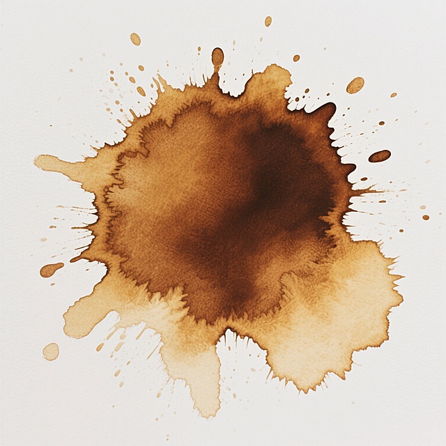 一张白色背景上的咖啡渍污渍图案，污渍呈现出深浅不一的棕黄色调，中心区域颜色较深为浓郁的褐色，向外逐渐过渡为浅棕色和米黄色，边缘带有不规则的毛边和向外飞溅的细小液滴，整体具有水彩般的透明晕染质感和自然扩散的形态，光影柔和，无明显高光和阴影对比，污渍形态自然且富有随机性。