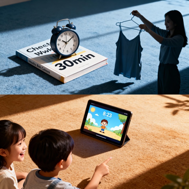 ​ 上下分割——上：时钟显示"30min"压着单词书（阴影里妈妈举衣架）；下：平板播动画（时间显示"8:23"）孩子笑着指屏幕预览效果