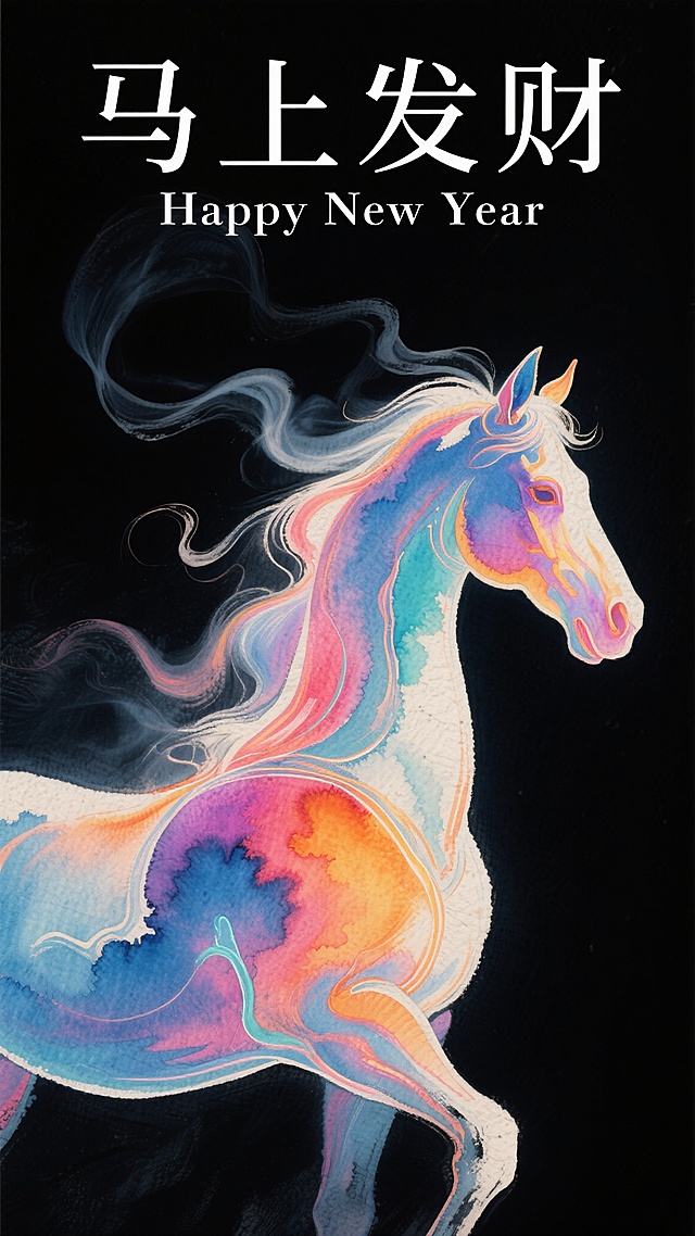 梦幻水彩风插画，色彩流动的骏马象征新年好运，虚实交融的自然意象，唯美呈现“马上发财”祝福。