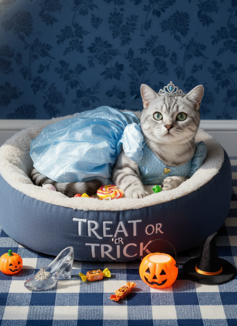 猫咪身着灰姑娘的裙子、头戴皇冠，慵懒窝在印有 “TREAT OR TRICK” 标识的毛绒猫窝里，猫窝里有一些糖果，旁置水晶鞋、南瓜灯、巫师帽等道具，深蓝碎花墙面背景，蓝白配色的格纹地毯预览效果