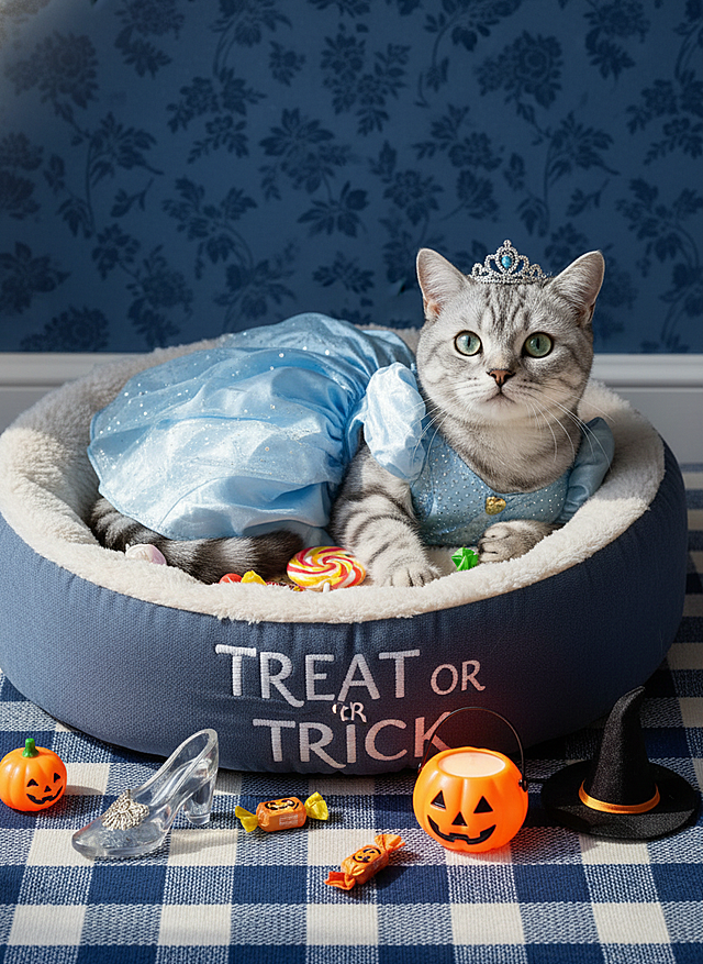 猫咪身着灰姑娘的裙子、头戴皇冠，慵懒窝在印有 “TREAT OR TRICK” 标识的毛绒猫窝里，猫窝里有一些糖果，旁置水晶鞋、南瓜灯、巫师帽等道具，深蓝碎花墙面背景，蓝白配色的格纹地毯