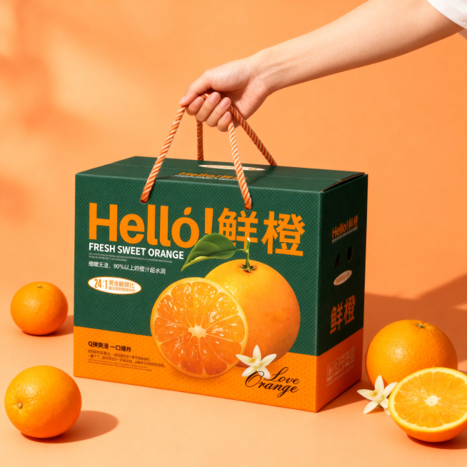 一只手提着瓦楞鲜橙礼箱，保持包装物理结构绝对不变，严禁扭曲变形或文字模糊。整体为橙色同色系场景，背景为柔和橙色哑光质感，拉开景深。周围点缀散落几个新鲜完整的橙子，增加自然氛围。商业真实摄影光影，暖调柔预览效果