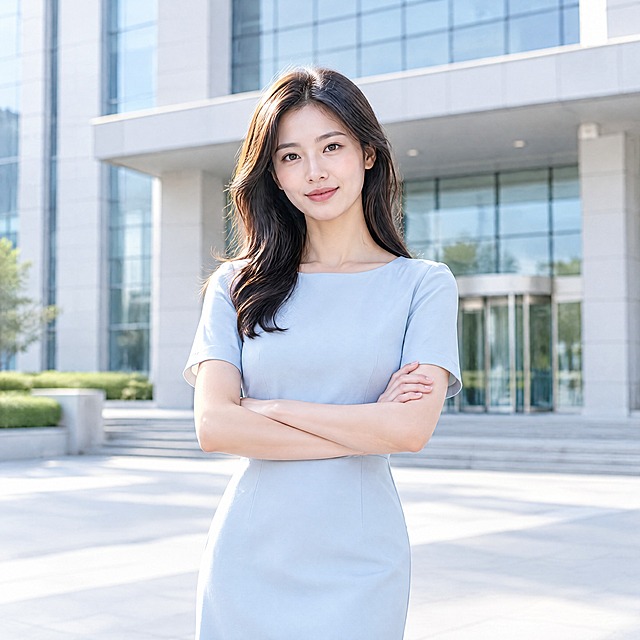 一位25-30岁的亚洲女性，穿着干净简约的浅蓝色连衣裙，表情自然从容，站在海关局建筑前，背景建筑简洁大气，有柔和的顶光细节光效，人物双手交叉抱在胸前，身体微微倾斜，画面干净明亮，现代简约风格，不要出现任何旗帜、徽章等敏感元素，1:1正方形构图