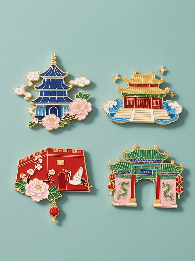 中式建筑微缩插画徽章，融合复古描边与金属浮雕工艺，喜庆色彩搭配祥云、花鸟元素，展现浓厚民族风情与节日氛围。