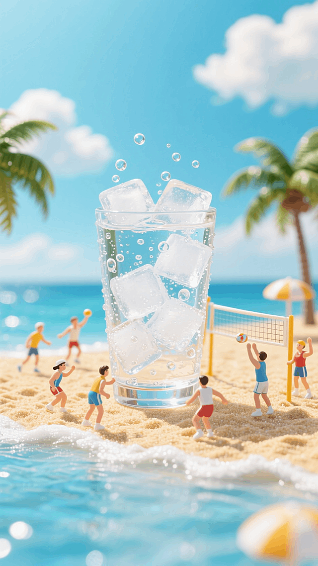 超大杯的装满冰块的气泡水作为视觉中心，海边，沙滩，蓝天白云，椰子树，人们在打排球
