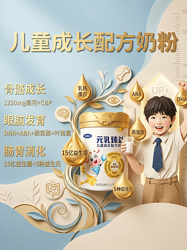 参考原图生成另一种风格，保留所有产品和文案：儿童成长配方奶粉，元乳臻益儿童成长配方奶粉，卖点包含骨骼成长1230mg高钙+CBP，眼脑发育DHA+ARA+燕窝酸+叶黄素，肠胃消化15亿益生菌+5种益生元，成分包含乳铁蛋白、ARA、DHA、燕窝酸、15亿益生菌、5种益生元，保留小孩和产品展示，更换新风格设计