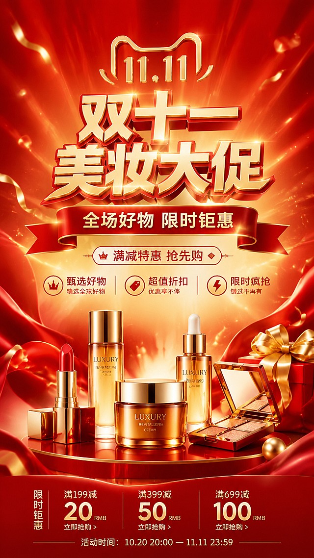 双十一电商美妆大促主KV，高级奢华促销风格，主标题"双十一美妆大促"，副标题"全场好物 限时钜惠"，装饰文案"满减特惠 抢先购"，卖点文字"甄选好物""超值折扣""限时疯抢"，整体采用红金配色，渐变红金放射状背景氛围，中心大标题搭配精致美妆抽象装饰元素，版式精美，信息分区清晰，红金色调奢华高级，符合美妆促销活动氛围，文字清晰可读，画面主视觉突出，9:16竖版构图，超高清画质
