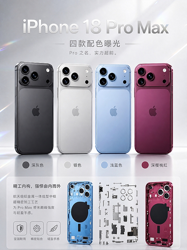 基于原图进行高级感重绘，保留四款手机产品的外观、颜色、结构和Logo完全不变（深灰色、银色、浅蓝色、深樱桃红四款配色严格保持原样），整体风格改为黑白浅色简约高级科技风，带有轻微镭射光泽感。

[画面主体] 四款iPhone 18 Pro Max手机背面并排居中展示，从左到右依次为深灰色、银色、浅蓝色、深樱桃红，产品外观、颜色、材质、摄像头模组、苹果Logo与原图完全一致，不得改变商品颜色。手机下方对应四个颜色圆点和配色名称标签。

[背景与氛围] 背景改为极简黑白浅灰色调，以深灰到浅灰的高级渐变为主，干净留白，带有极细微的镭射虹彩光泽点缀在产品边缘和背景高光处，科技感十足但不花哨。底部有细腻反光台面，手机自然放置其上，有柔和的接触阴影。

[文字版式] 顶部主标题"iPhone 18 Pro Max"使用简洁现代的简体无衬线字体，银白色，字重适中，高级感强；副标题"四款配色曝光"和"Pro之名 实力超前"使用更小号简体字体，浅灰色，排版克制留白。下方精工内构区域保留，但整体视觉简化，背景改为半透明浅灰卡片，文字为简体深灰色，图标为细线风格。

[配色] 主色调为黑白灰浅色系，仅手机本身保留原有彩色（深灰、银、浅蓝、深樱桃红），背景、文字、装饰全部为黑白灰体系，点缀极少量镭射虹彩光效增加科技感。

[光影质感] 商业摄影级质感，柔和侧光，产品金属边框和玻璃背板有细腻高光反射，镭射光泽只在边缘和高光处若隐若现，整体干净通透。

[负向] 禁止改变手机颜色、禁止变形、禁止错字、禁止模糊、禁止水印、禁止杂乱元素、禁止平台Logo、禁止过度鲜艳。