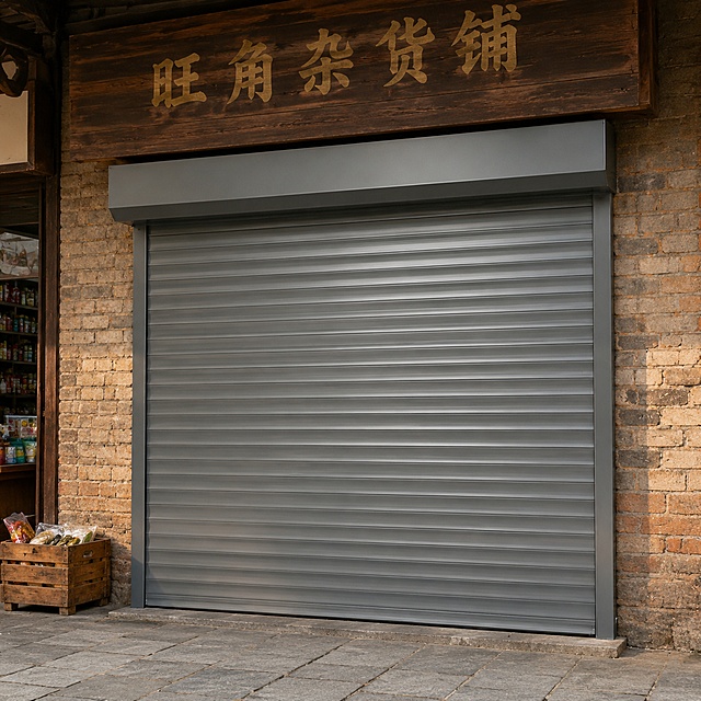 卷帘门严格参照上传产品图，完整保留所有可见组件、部件、轮廓、结构、比例、材质、颜色与上传图完全一致，自然融入场景光影，与场景共处同一物理空间。
沿街杂货铺入口场景，暖复古色调，门安装在墙面外侧，正前方平视拍摄。
上午柔和自然光，产品受光面泛起深灰本色、暗部映射浅棕色砖墙光晕，与环境物理融合。
产品居中主体构图，静态无动态。相对参考图微侧-20°视角。
全量换款清单：①顶部屋檐：参考图红棕色混凝土 → 生成图深棕色木质招牌门头；②墙面：参考图红棕色墙面 → 生成图浅棕色旧砖墙；③地面：参考图浅水泥地面 → 生成图青石板步行地面；④左侧工具：参考图长杆清洁工具 → 生成图木质货筐靠墙角放置。
消除参考图右下角品牌文字。严格锁定宽高比为 1:1。
4K 分辨率，真实写实风格。