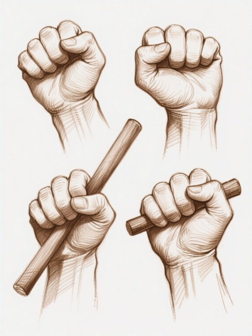 一套4个规整排布的拳头造型素材，采用纯棕色手绘素描风格，线条流畅有力，通过细腻的铅笔笔触表现手部肌肉纹理与握姿力度，每个拳头呈现不同的握持状态与角度，部分紧握不同样式的棍状物体，整体以白色纯色为背景，无任何文字、logo及水印，保持统一的速写艺术感与清晰的结构表现力。预览效果