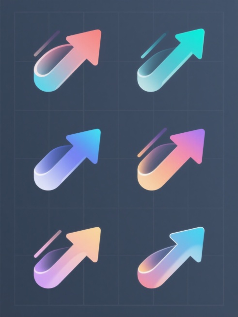 一组由6个不同设计的上升箭头组成的系列图标集合，每个箭头都具有完全不同的造型和角度，采用各自独特的配色方案，所有箭头均保持简洁的现代矢量风格，拥有光滑的曲线、渐变色彩过渡和微妙的高光效果，放置在纯色背景上，整体以规整的网格布局排列，形成统一而富有变化的视觉系列。预览效果