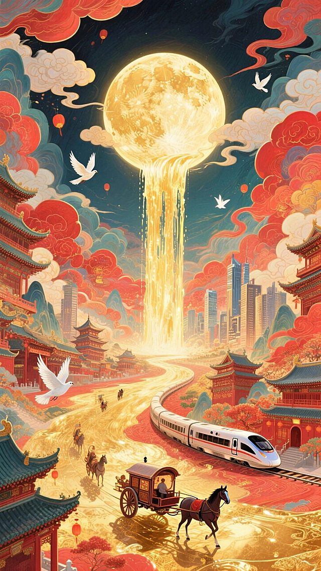 月光如金色的瀑布从圆月（占满画面2/3）上倾泻到底部的全景大地上（马车、动车分别行驶在古建筑和城市间），画面带有发光效果，白鸽飞过，整体画面充斥着华丽的金色和喜庆的红色，奇幻色彩和光影变化，具有丰富的层次感和立体感，体现繁荣昌盛喜庆氛围，梦幻的大透视