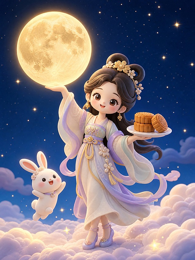 黏土风3D立体风格，古风装扮的嫦娥仙子，一只手撑着一个超大的发光月亮，另一只手举着一个白色圆盘子，盘子上放着两个叠起来的月饼，旁边还有一个斜靠着的月饼，嫦娥脚踝交叉站姿，旁边有一只可爱的跳起来的开心白色小兔子，夜景蓝色天空背景，闪烁着星光，柔和梦幻的光影，可爱治愈的卡通风格，细腻的黏土质感