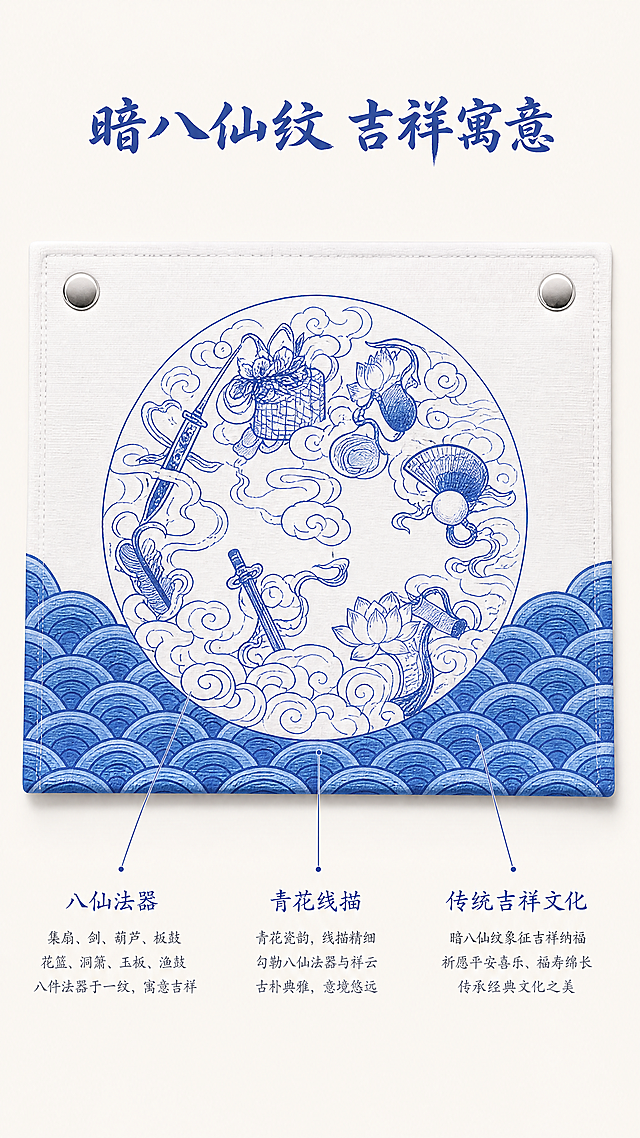 [第4屏] 汾酒文创醉八仙纸巾套背面暗八仙设计细节展示。
[氛围/风格] 细节特写展示，超清商业摄影，干净素雅背景，突出纹样文化寓意。
[元素布局] 背面圆形暗八仙纹样局部放大，占据画面中心区域，保持原有青花线条纹样、蓝色波浪底边的构图和颜色与输入【图2】一致，所有法器纹样线条清晰完整展示，背景为纯净米白色。
[光影质感] 均匀柔光打光，线条纹理清晰，色彩还原真实，没有反光和过暗区域。
[配色色系] 全局底色：#F8F5F0；主体保持青花蓝白配色，和原图一致。
[视角构图] 正面平视，居中特写，完整展示背面设计。
[文字版式] 顶部标题「暗八仙纹 吉祥寓意」，蓝色国风字体居中；下方分三点介绍，每个文字标注对应纹样位置：「八仙法器」「青花线描」「传统吉祥文化」，文字小巧清晰，不遮挡主体纹样。
[比例分辨率] 9:16 竖版比例，8K超清分辨率，文字纹样都清晰可辨。
[负向提示词] 纹样变形，线条错乱，颜色偏差，模糊，水印，背景杂乱。