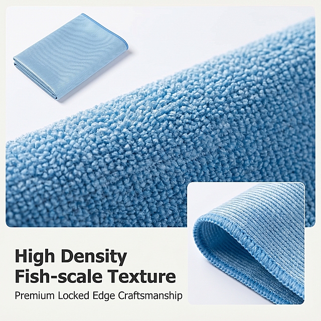 [Main image 3] Material detail close-up of microfiber cleaning towel. [Atmosphere Style] Professional commercial product detail photography, realistic high texture, Amazon style. [Image Quality] Ultra clear close-up photography, sharp focus on fiber texture, high resolution, commercial level quality. Keep the original material and color of the product consistent with the input image, no distortion. [Elements] Extreme close-up shot showing the high-density fish-scale texture of the microfiber on the main area of the picture, and a close-up of the color locking edge craftsmanship in the lower right corner. A complete folded towel is placed in the upper left corner as a reference. The picture composition is a combination of large close-up and small complete product, full screen without border. [Light and Shadow] Side backlighting highlights the three-dimensional texture of the fiber, soft diffused fill light, clear texture layers, no glare. [Color Matching] Light off-white background, natural product color, high contrast to highlight material details. [Perspective Composition] Close-up perspective, soft depth of field, focus on the fiber texture, f/2.8 aperture, no distortion. [Text Layout] Lower left negative space, two lines of English text: Main title "High Density Fish-scale Texture" bold large font, sub-title "Premium Locked Edge Craftsmanship" smaller font, dark gray text, clear hierarchy, does not cover the core detail area. [Proportion Resolution] 1:1 ratio, 2K resolution, text clear sharp, ultra HD detail. [Negative prompt] deformation, watermark, text confusion, blurred picture, messy background, out of focus