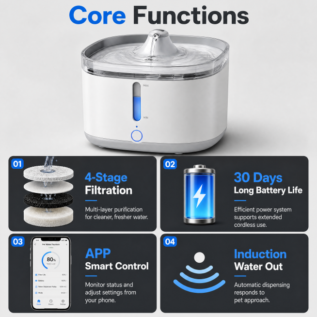 [Main Image 4] Wireless Smart Pet Water Fountain core function showcase. [Atmosphere Style] Function预览效果