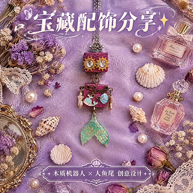 小红书风格电商主图，1:1正方形构图，画面主体是图中的紫色木质方块机器人美人鱼项链吊坠，采用俯拍平铺视角，吊坠周围摆放干花、珍珠、小贝壳、迷你香水瓶等精致小物，背景为淡紫色丝绒布面，高级有质感。画面顶部大字标题"宝藏配饰分享✨"，底部标注"木质机器人 × 人鱼尾 创意设计"，整体风格复古又梦幻，细节丰富，适合小红书好物安利