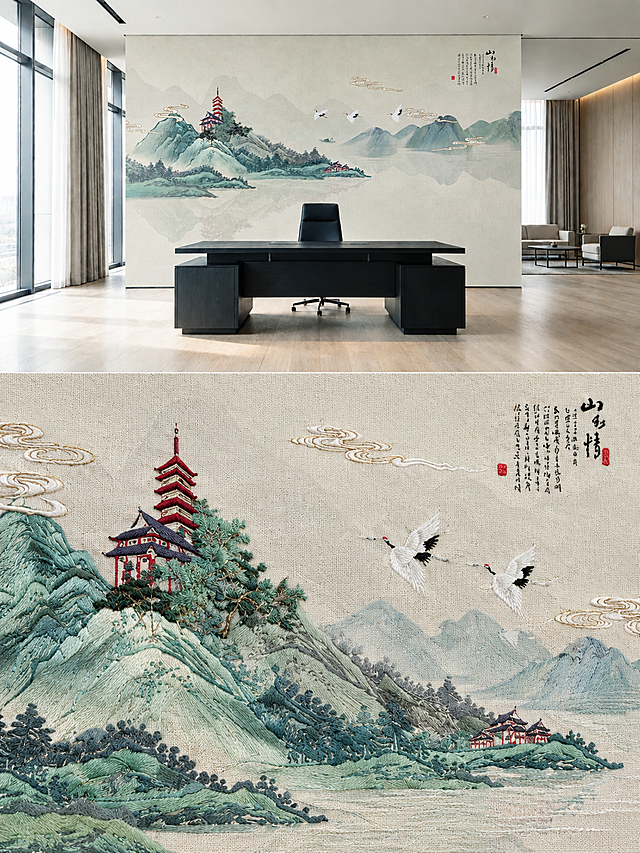 将这张场景图制作成竖版3:4合成图：上半部分完整保留原场景图（现代办公室内大幅“山河情”青绿山水刺绣硬包背景墙上墙效果，前景办公桌）；下半部分为同一面背景墙的局部拉近特写，展示刺绣硬包工艺细节：丝线光泽、针脚与织物纹理、青山绿水、宝塔楼阁、白鹤与“山河情”书法刺绣及印章。上下两部分各占画面一半、宽度一致，中间自然衔接，保持同一墙面内容连贯对应。不要添加任何额外文字、水印、边框或标题，保持材质真实、光影统一、画面干净高清。