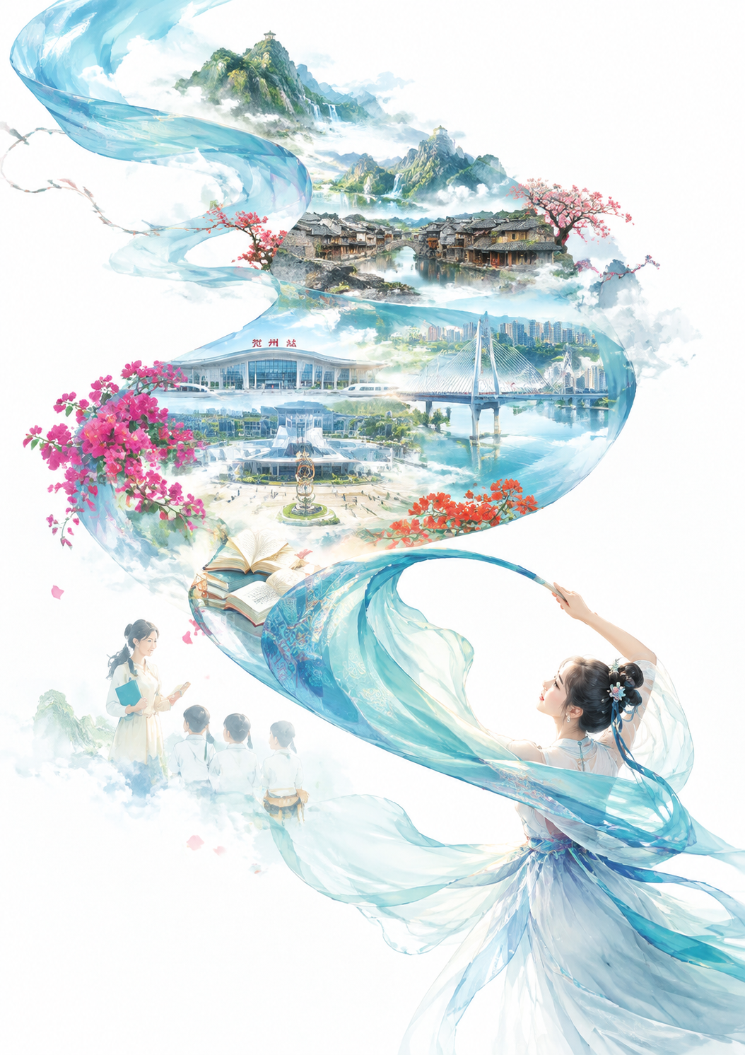 国潮新中式轻盈淡彩水墨风格，S型流动构图，双重曝光效果。纯白背… - 图片创意预览