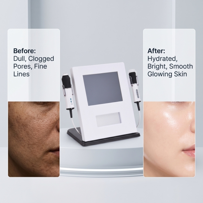 [主图 4] 核心功效对比展示主图。保持Hydra Oxygen Facial Machine产品主体居中，外观与输入产品图一致，杜绝变形色差。左右分栏对比展示：左侧 Before - 文字标注 "B预览效果