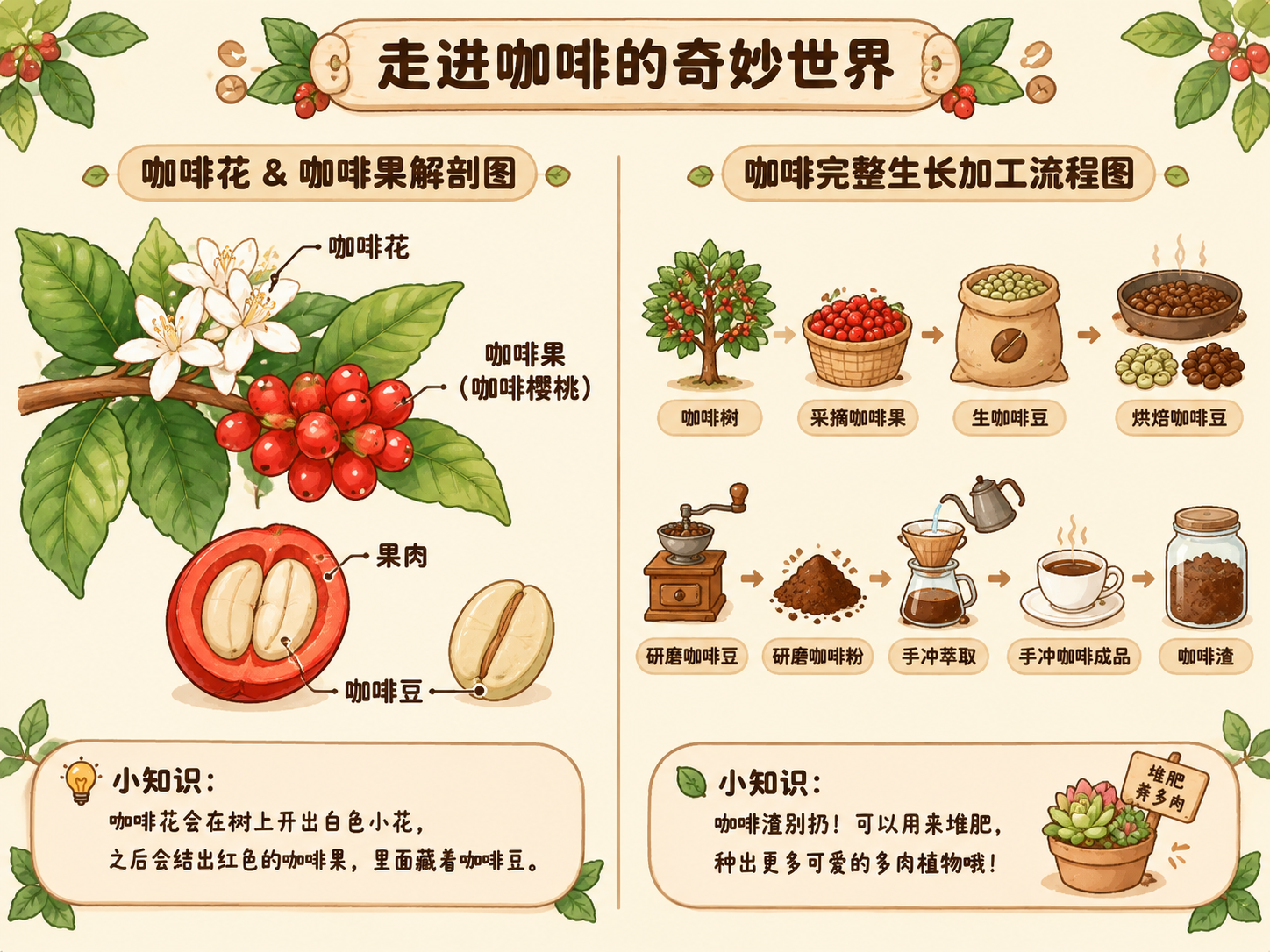 4:3横版A4儿童咖啡研学科普插图画，整体暖米奶油底色，顶部有… - 图片创意预览