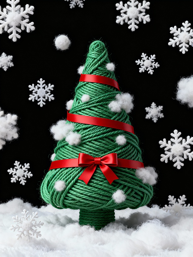 毛线缠绕的圣诞树，3D重拟物风格，搭配红丝带与绒毛雪片，营造出喜庆温馨的梦幻冬日氛围。