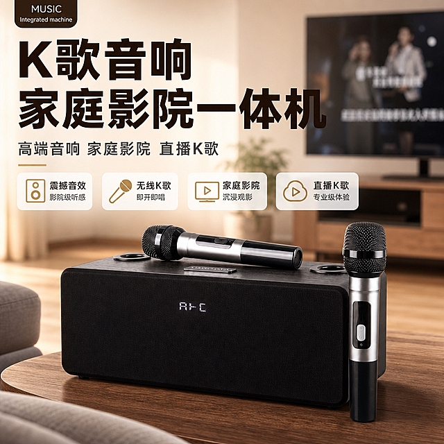 [主图-1] 商品识别/核心利益头图，展示K歌音响家庭影院一体机完整产品形象。
[统一基调] 风格=现代家居科技感商业摄影；主色=深棕黑+暖米白；强调色=暖金色（仅小面积图标、标签、光效）；标题字=粗黑体大字；正文字=简洁无衬线体；标题色=深棕黑；正文色=中暖灰；组件=圆角浅底信息卡、细线引线；光影=左前侧暖柔光。
[画面] 使用【图1】黑色长方体K歌音响+两支银黑无线麦克风；保留产品黑色主体、正面显示屏、顶部双麦插孔、金属网罩、麦克风银黑配色和整体比例结构；产品置于现代客厅木质茶几上，背景虚化电视墙和暖光氛围，产品占画面60%居中偏下，30°-45°正面视角，完整展示产品全貌。左上角小标签MUSIC Integrated machine。
[光影质感] 商业摄影质感，产品正面受光均匀，底部有自然接触阴影，背景暖光虚化突出主体，材质纹理清晰。
[配色] 深棕黑+暖米白主色调，暖金色小面积点缀，背景为暖调家居场景色。
[文字版式] 左上主标题「K歌音响 家庭影院一体机」，副标题「高端音响 家庭影院 直播K歌」，下方4个圆角小卖点卡：震撼音效、无线K歌、家庭影院、直播K歌。文字横排，不遮挡产品主体。
[输出要求] 比例1:1方形，2048×2048，2K分辨率，文字清晰可读，产品清晰不变形，无错字乱码，无平台Logo水印。